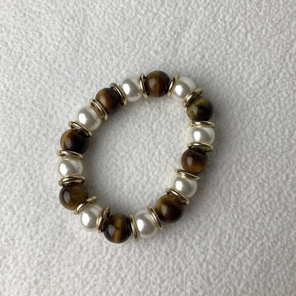 Tiger Eye Faux Pearl Stretch Bracelet Beaded Acrylic Brown - Picture 2 of 4